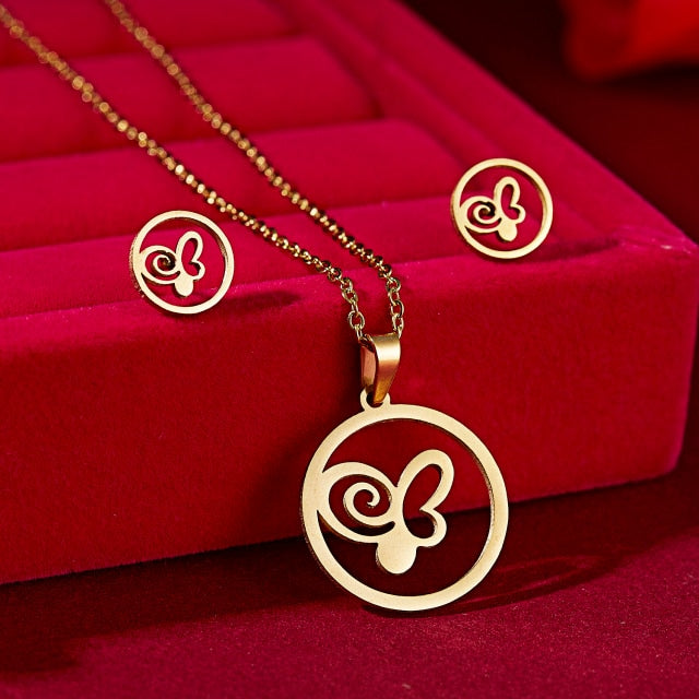 Exquisite Butterfly Flower Shape Pendant Neckalce Stainless Steel Jewelry Set
