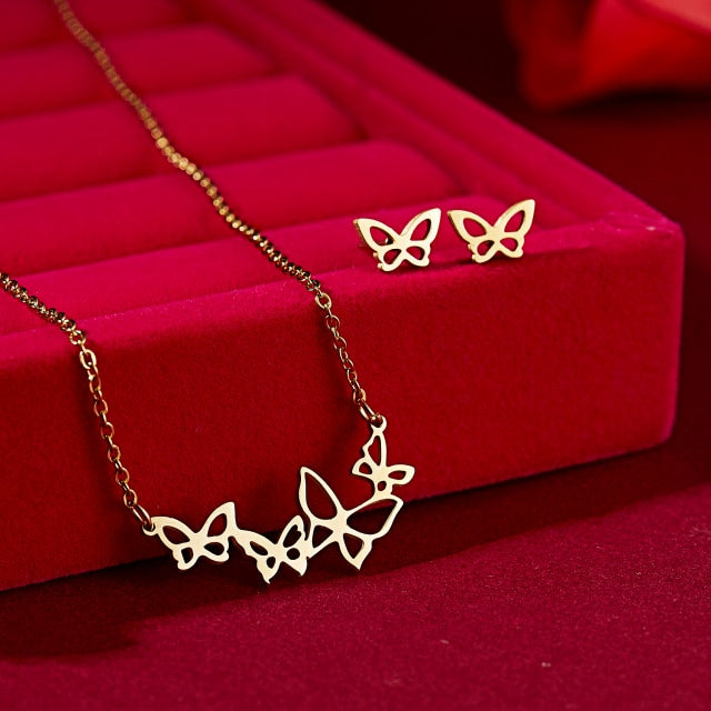 Exquisite Butterfly Flower Shape Pendant Neckalce Stainless Steel Jewelry Set