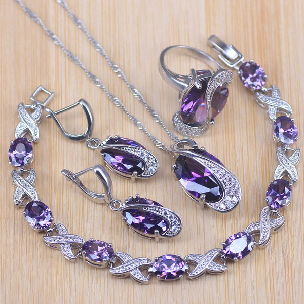 Purple Crystal Earrings Bracelet Rings Necklace Jewelry Sets