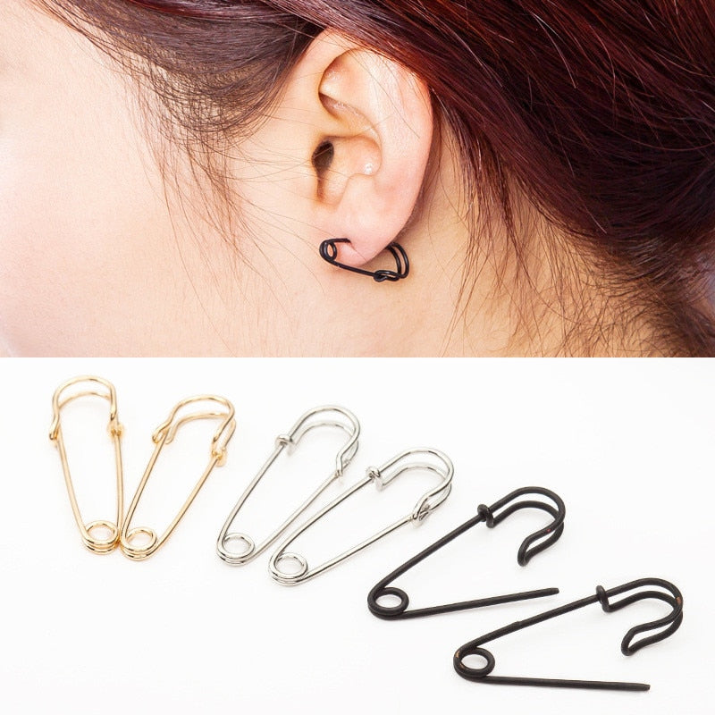 Trendy Unisex Punk Rock Style Safety Pin Ear Hook Stud Earrings