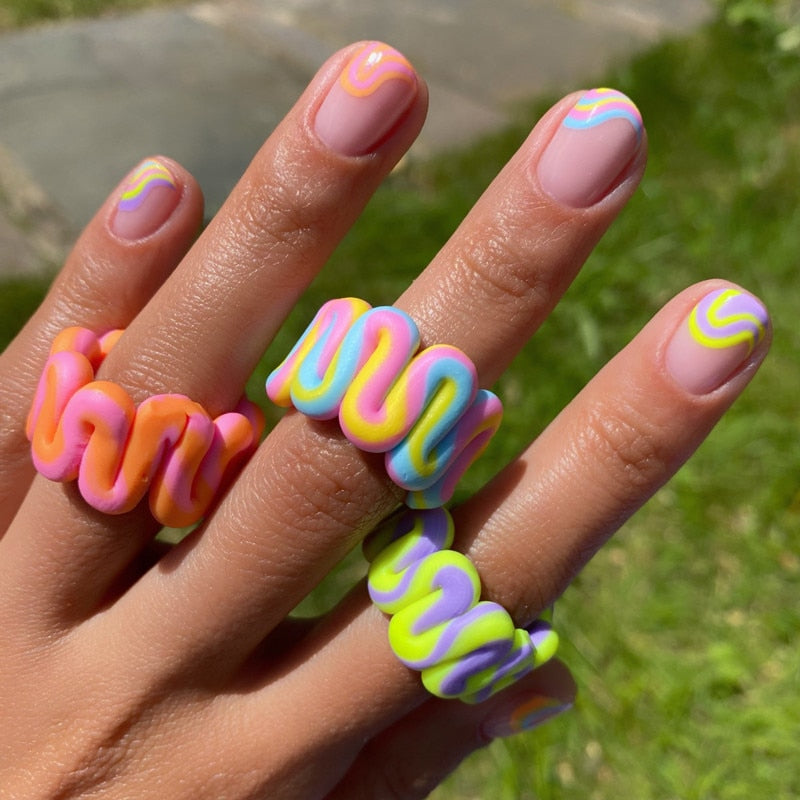 Bohemia Colorful Stripe Geometric Wide Rings for Women