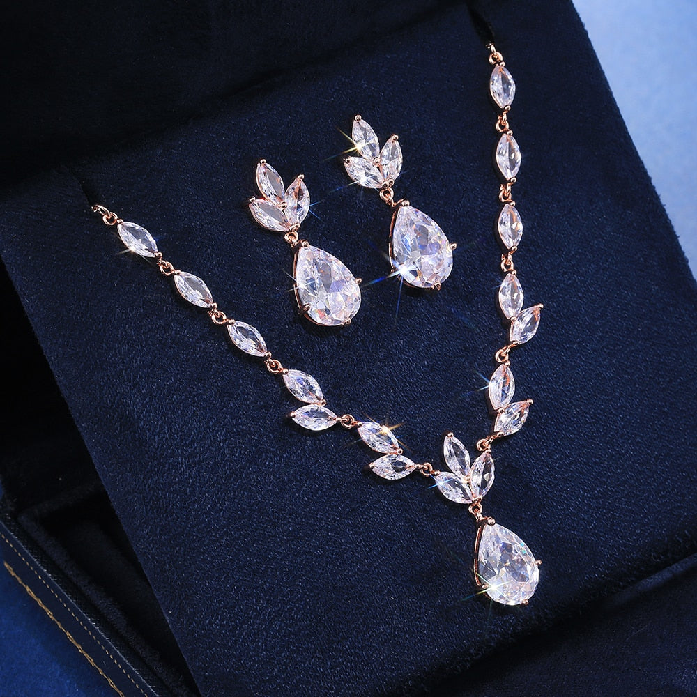 Classic Big Pear CZ Stone Necklace/Earring Wedding Set