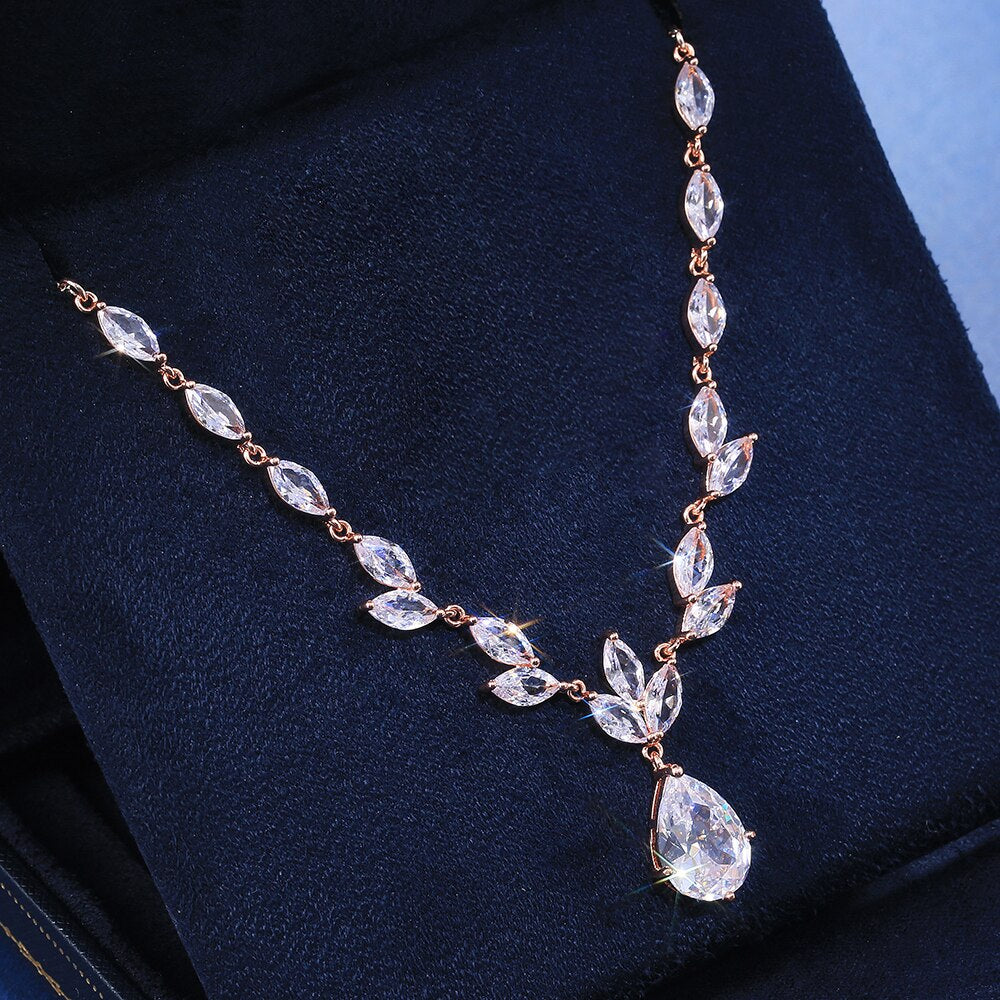 Classic Big Pear CZ Stone Necklace/Earring Wedding Set