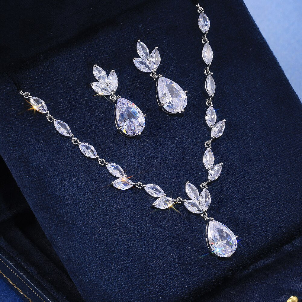Classic Big Pear CZ Stone Necklace/Earring Wedding Set