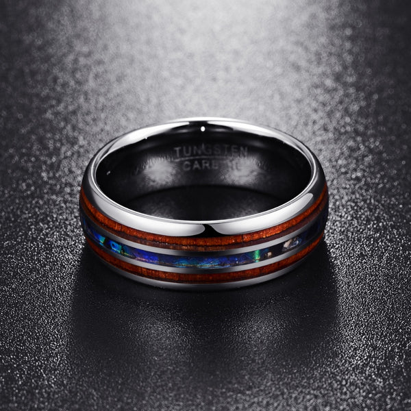 Anillos de carburo de tungsteno de madera de koa hawaiana y concha de abulón