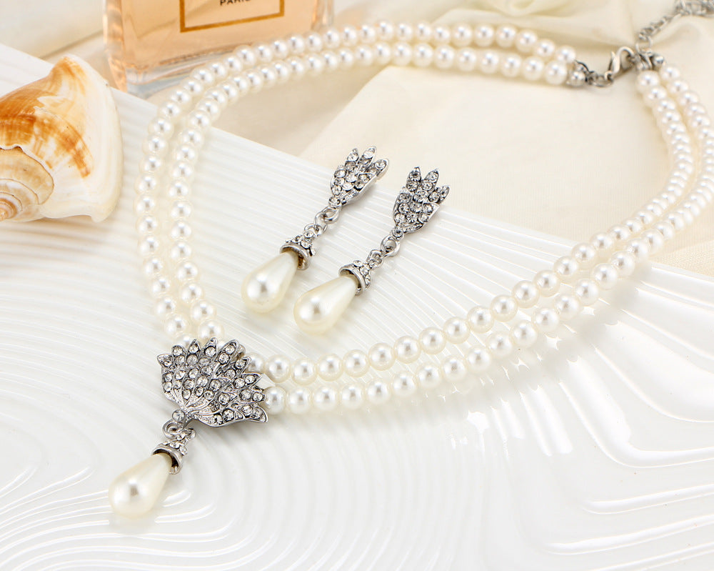 Bride Pearl Crystal With Short Collarbone Neck Necklace Set