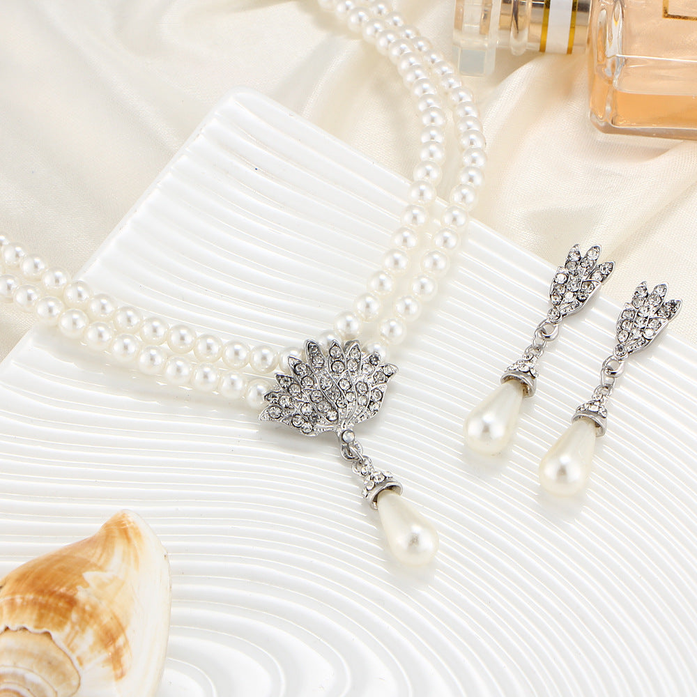 Bride Pearl Crystal With Short Collarbone Neck Necklace Set