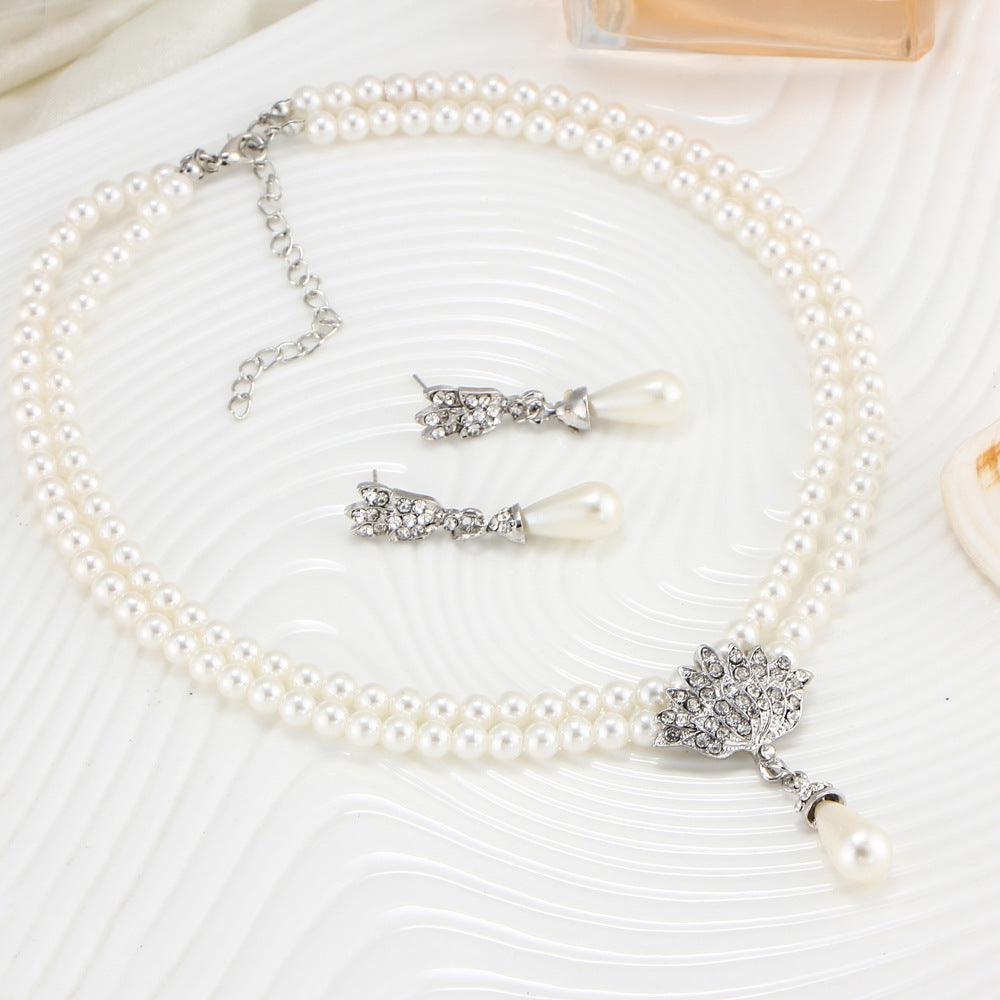 Bride Pearl Crystal With Short Collarbone Neck Necklace Set