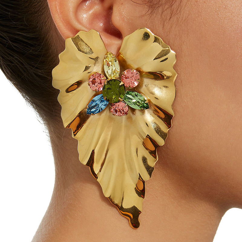 Large leaf earrings for women  in gold color statement earrings