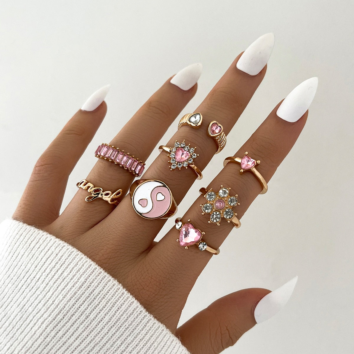 6-8 Pcs Cute Metal Gold Heart Rings Set