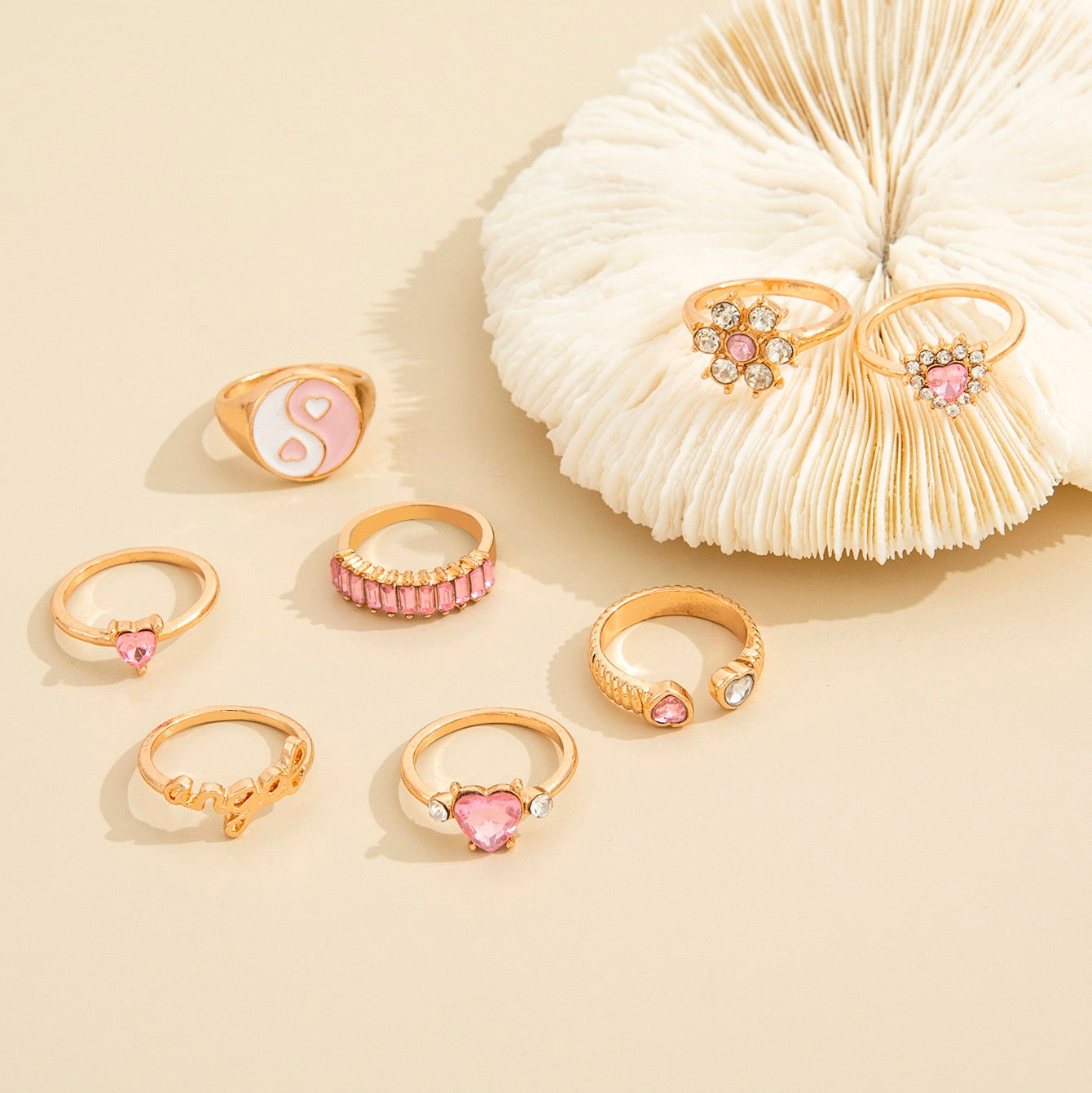 6-8 Pcs Cute Metal Gold Heart Rings Set