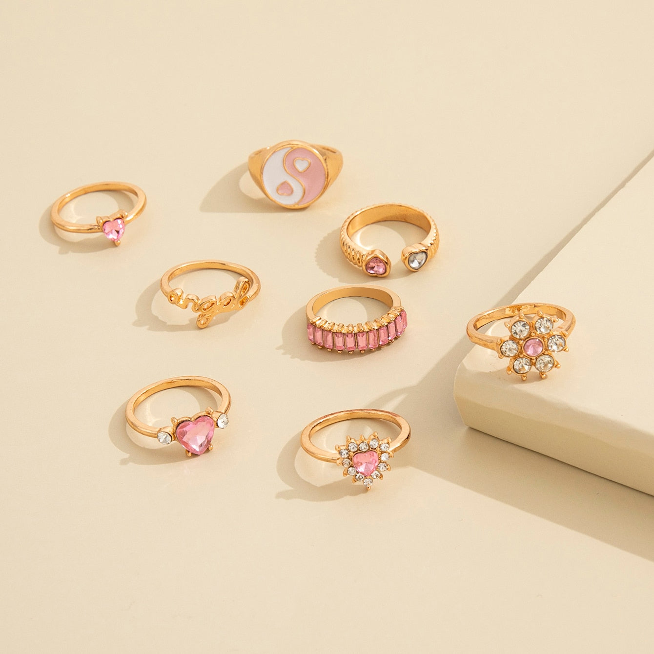6-8 Pcs Cute Metal Gold Heart Rings Set