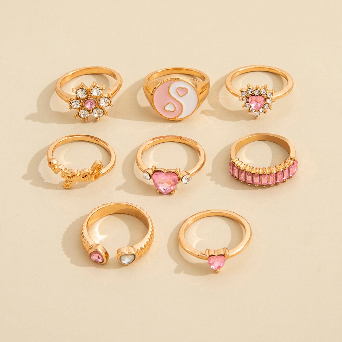 6-8 Pcs Cute Metal Gold Heart Rings Set