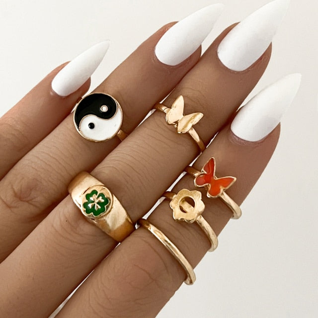 6-8 Pcs Cute Metal Gold Heart Rings Set