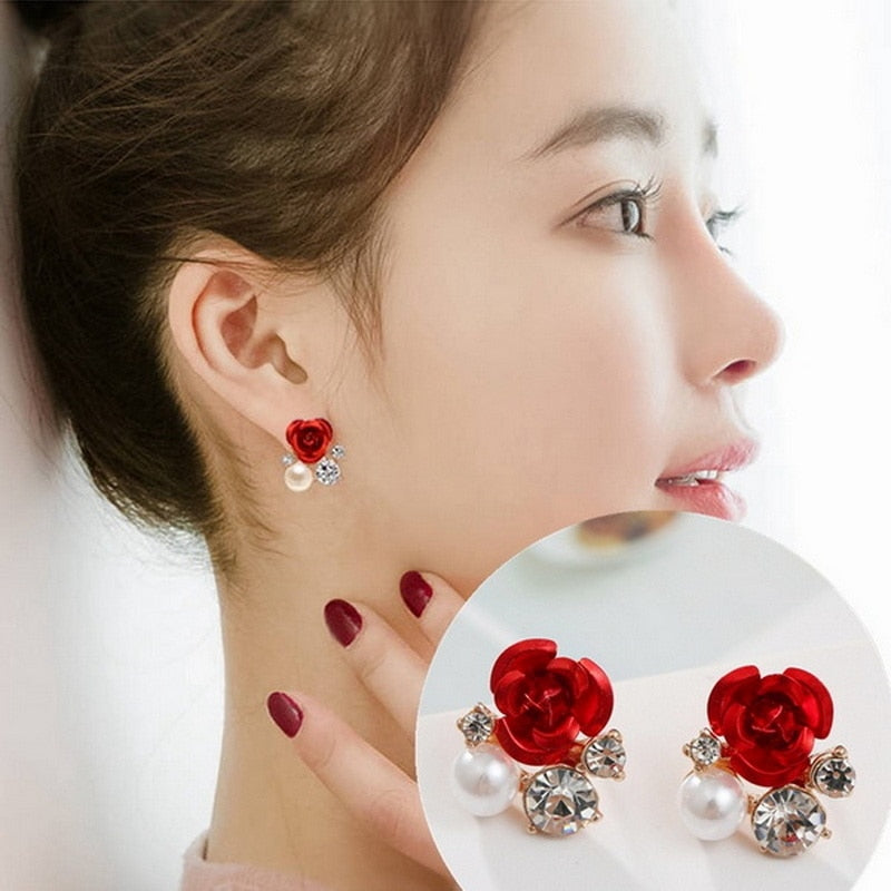 Fashion Red Rose Rhinestone Stud Earrings For Women
