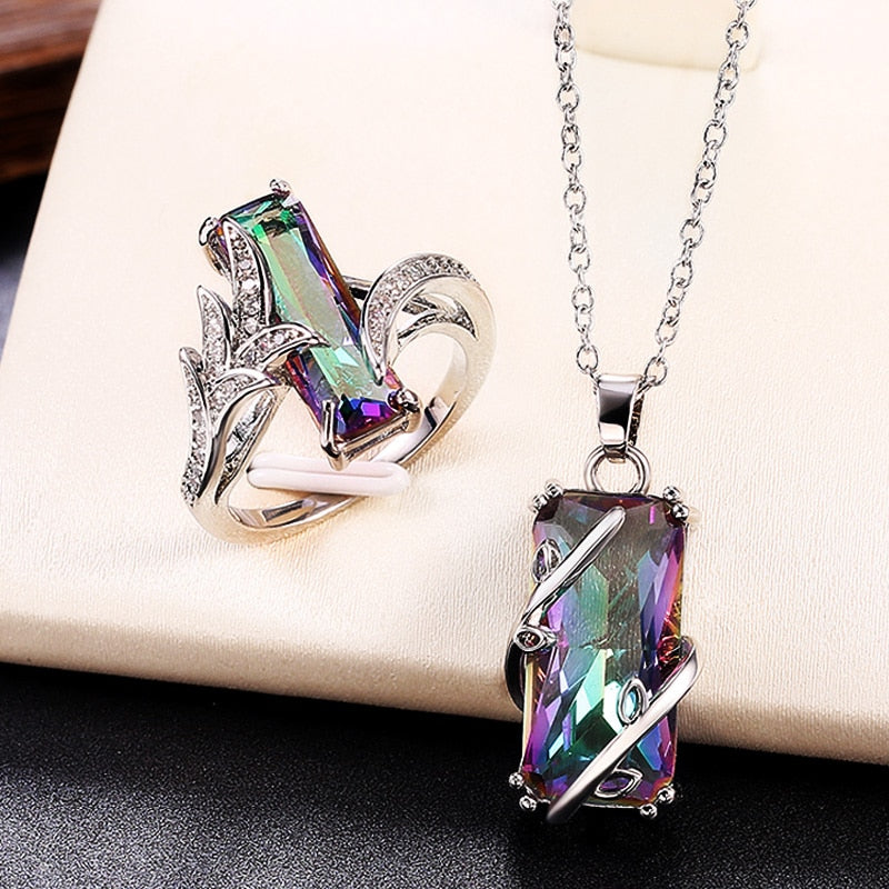 Multicolored Rectangular Stone Ring/Necklace Set