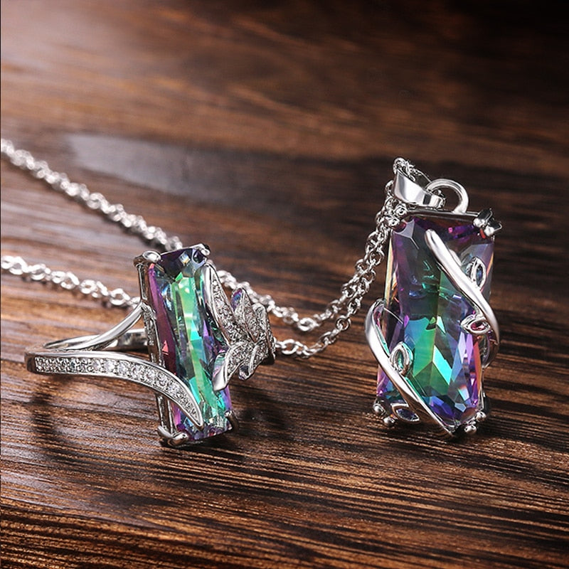Multicolored Rectangular Stone Ring/Necklace Set