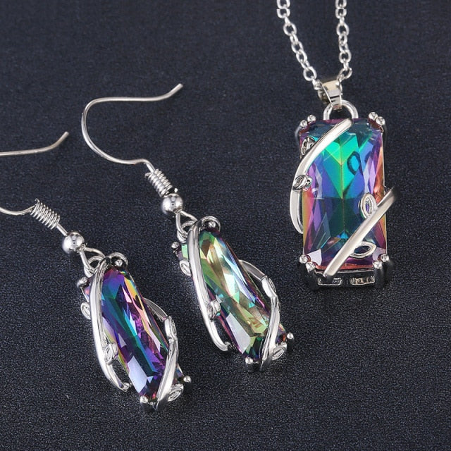 Multicolored Rectangular Stone Ring/Necklace Set