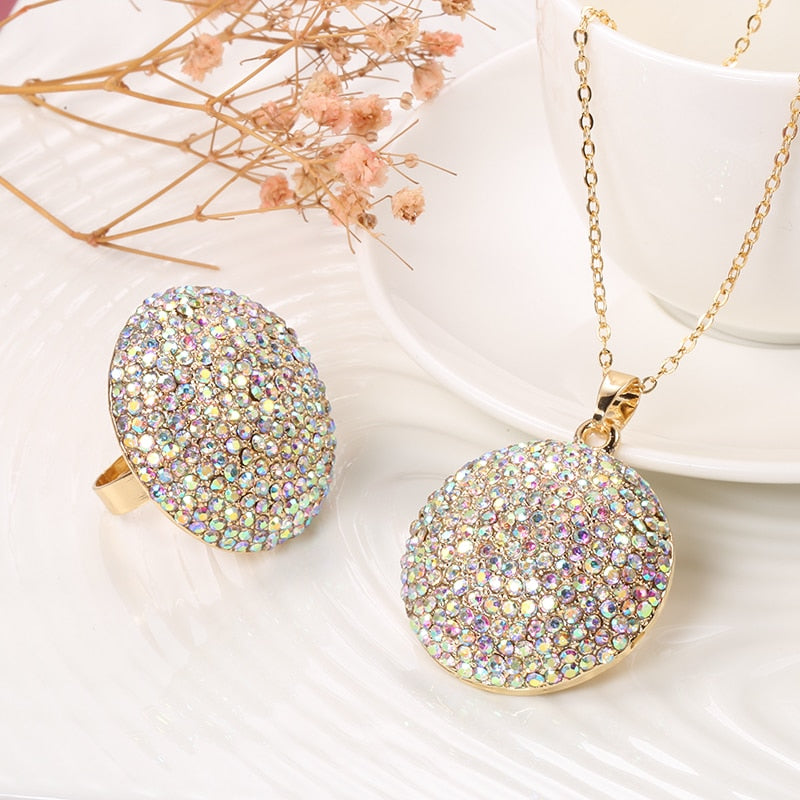 Fashion Colorful Crystal Women Big Rings Necklace Jewelry Sets