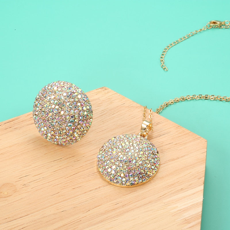 Fashion Colorful Crystal Women Big Rings Necklace Jewelry Sets