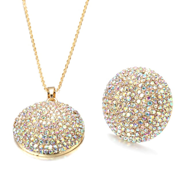 Fashion Colorful Crystal Women Big Rings Necklace Jewelry Sets