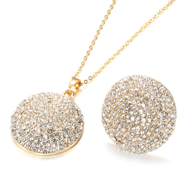 Fashion Colorful Crystal Women Big Rings Necklace Jewelry Sets