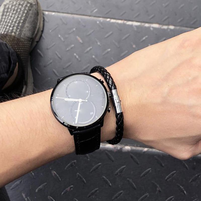 Simple Black Stainless Steel Button Leather Bracelet
