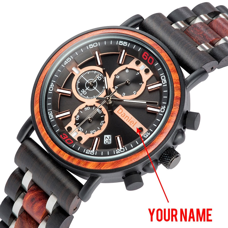 Wood Military Stainless Steel Customize Name Chronograph Wristwatch