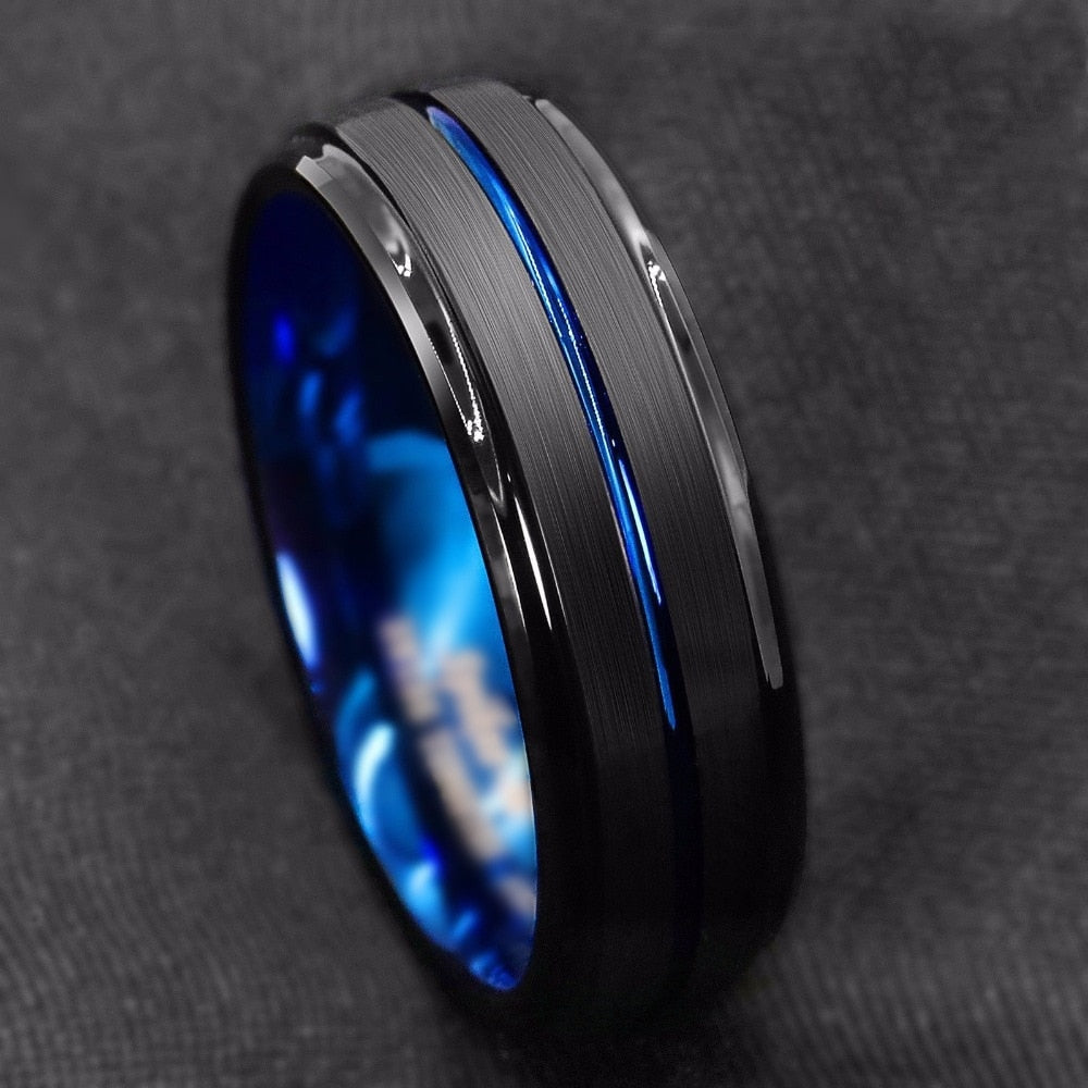 8mm Men's Black Brushed Steel Ring Zircon Inlaid Gold Grooved Line Ring