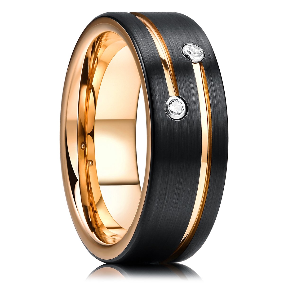8mm Men's Black Brushed Steel Ring Zircon Inlaid Gold Grooved Line Ring