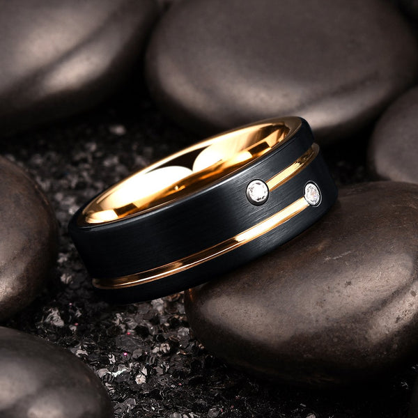 8mm Men's Black Brushed Steel Ring Zircon Inlaid Gold Grooved Line Ring