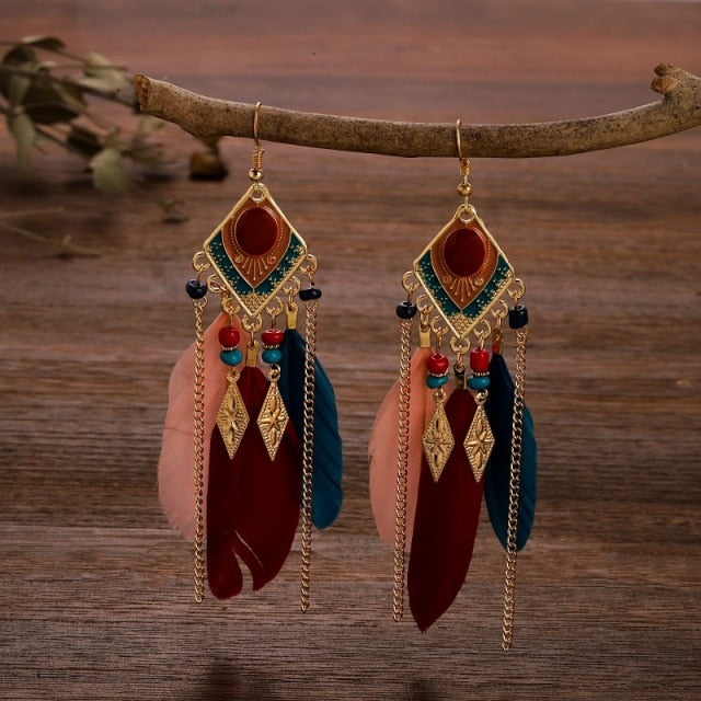 Summer Blue Long Feather Dangle Earrings For Women