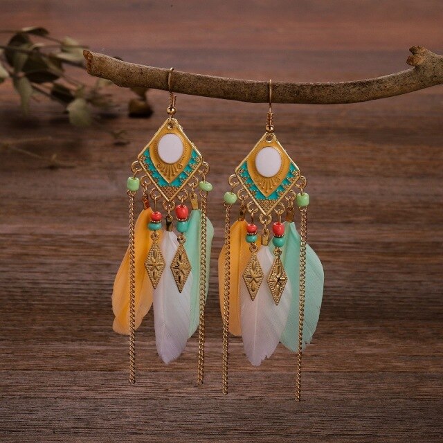 Summer Blue Long Feather Dangle Earrings For Women