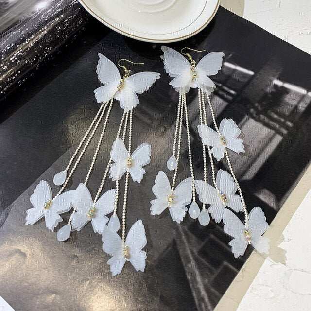 New Trendy Long Tassel Transparent Yarn Blue Purple Butterfly Earring