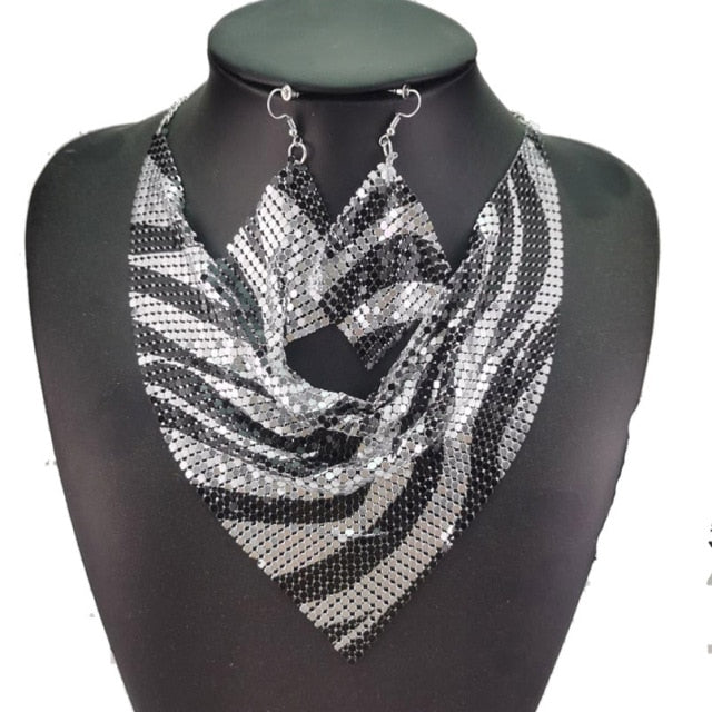 Metal Slice Bib Choker Necklaces Earrings Party  Sets