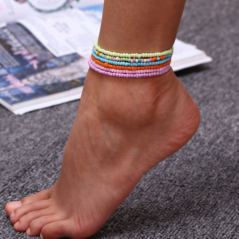 7pcs/Set Handmade Beaded Anklet Bracelets Rainbow Color Elastic Ankle