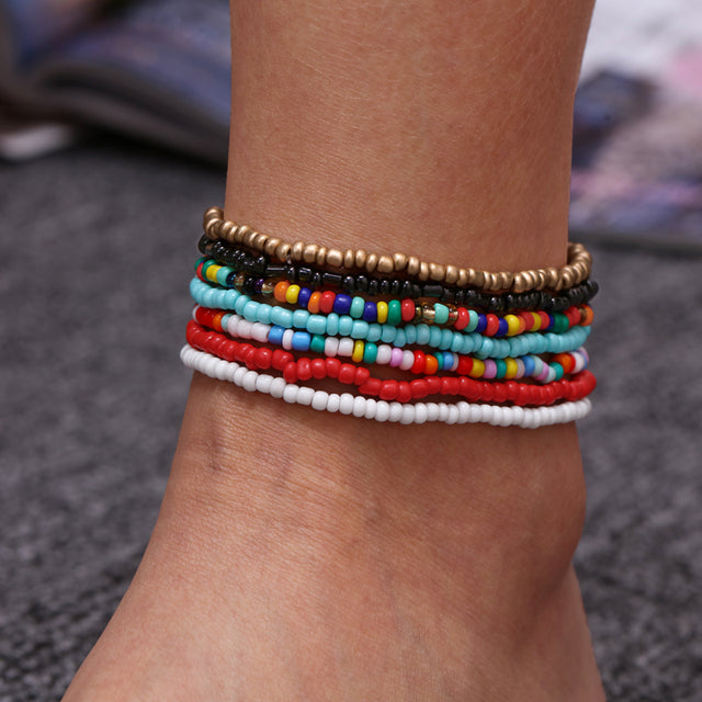 7pcs/Set Handmade Beaded Anklet Bracelets Rainbow Color Elastic Ankle