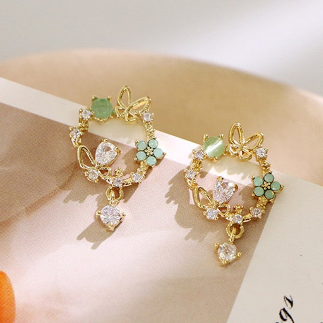 New Arrival Classic Round Pink Green Crystal Stud Earrings