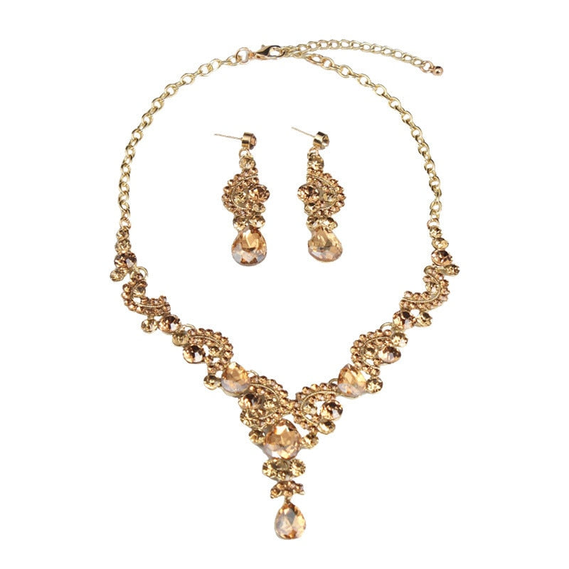Vintage Water Drop Crystal Pendant Necklace Earrings Gold Color Choker Jewelry Set