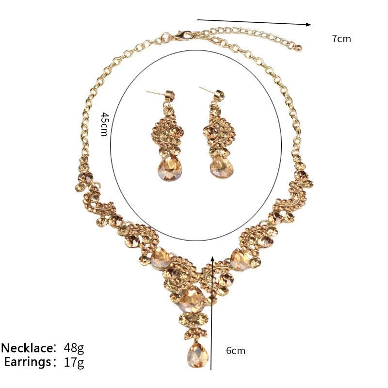 Vintage Water Drop Crystal Pendant Necklace Earrings Gold Color Choker Jewelry Set