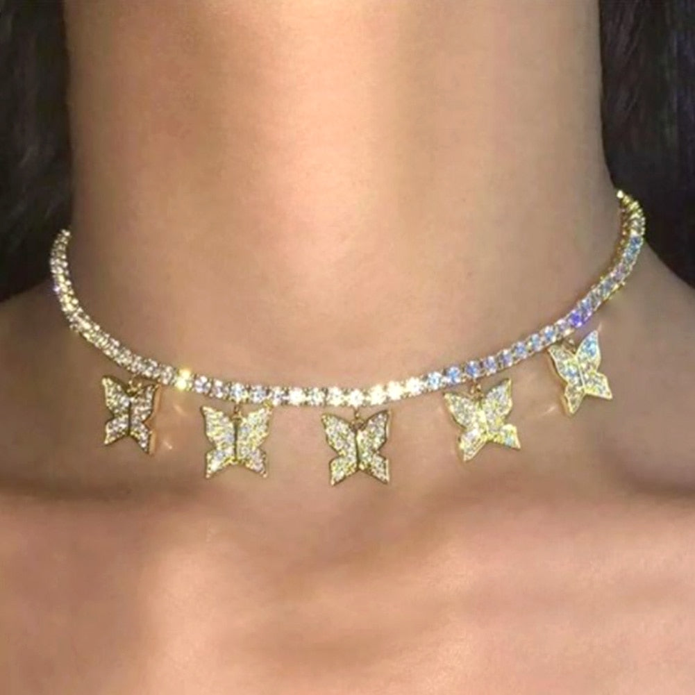Shining Crystal Tennis Butterfly Choker Necklaces