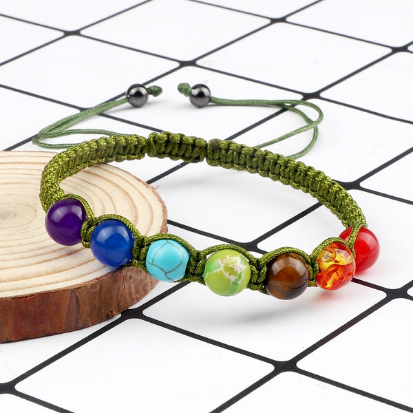 Pulsera ajustable de cuentas de piedra natural de ojo de tigre y lava de 7 chakras