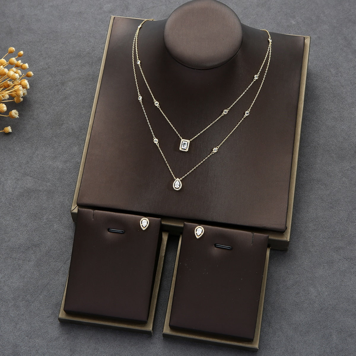2pcs Necklace Earrings  Full Cubic Zirconia Bridal Jewelry Sets