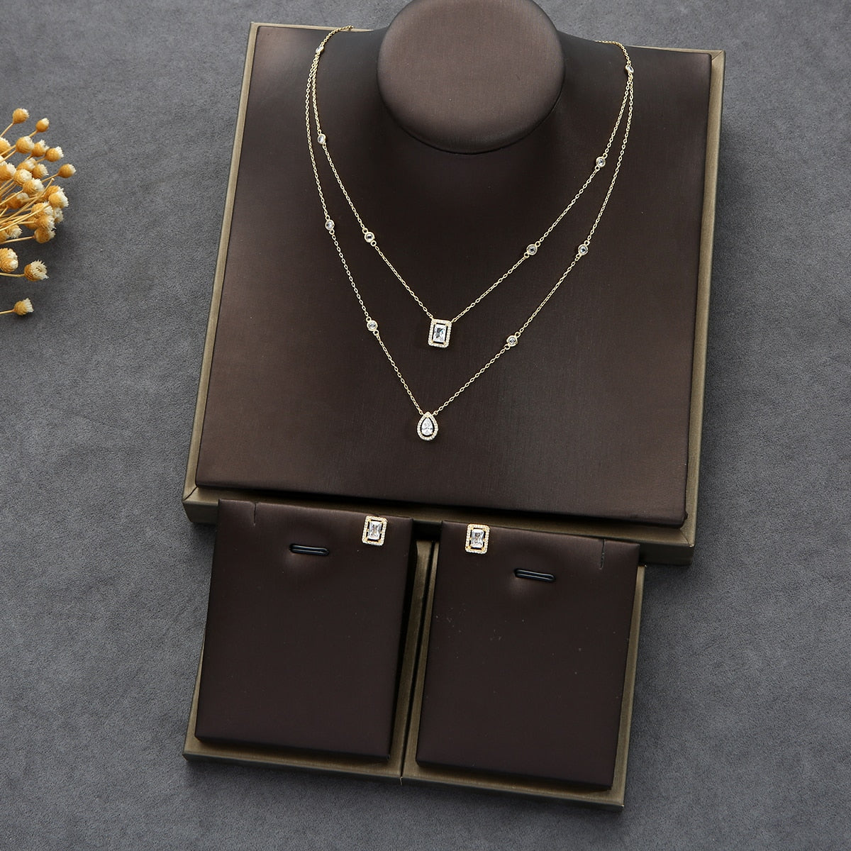 2pcs Necklace Earrings  Full Cubic Zirconia Bridal Jewelry Sets