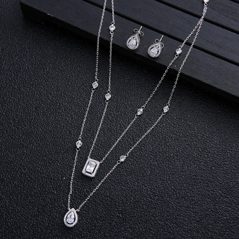 2pcs Necklace Earrings  Full Cubic Zirconia Bridal Jewelry Sets
