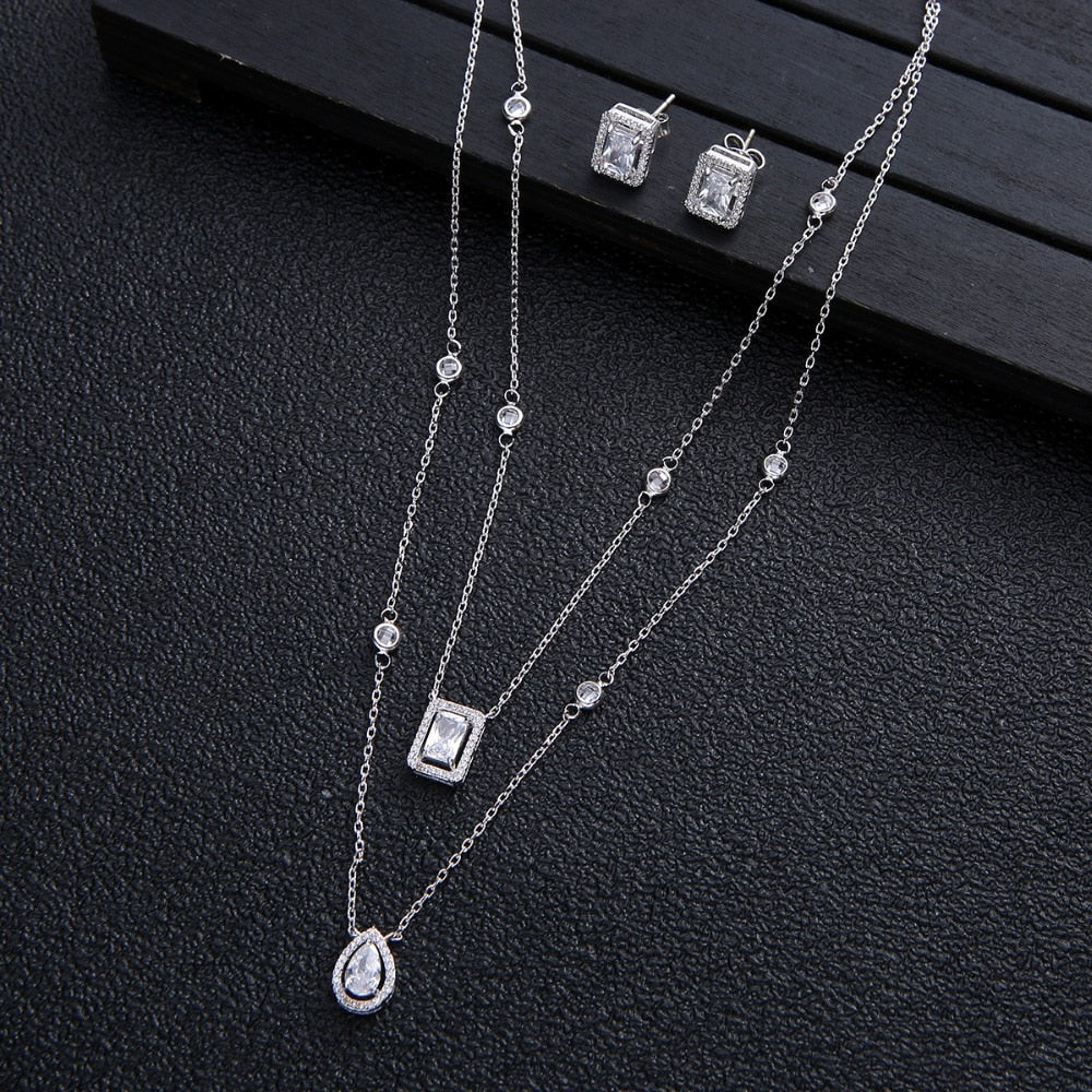 2pcs Necklace Earrings  Full Cubic Zirconia Bridal Jewelry Sets