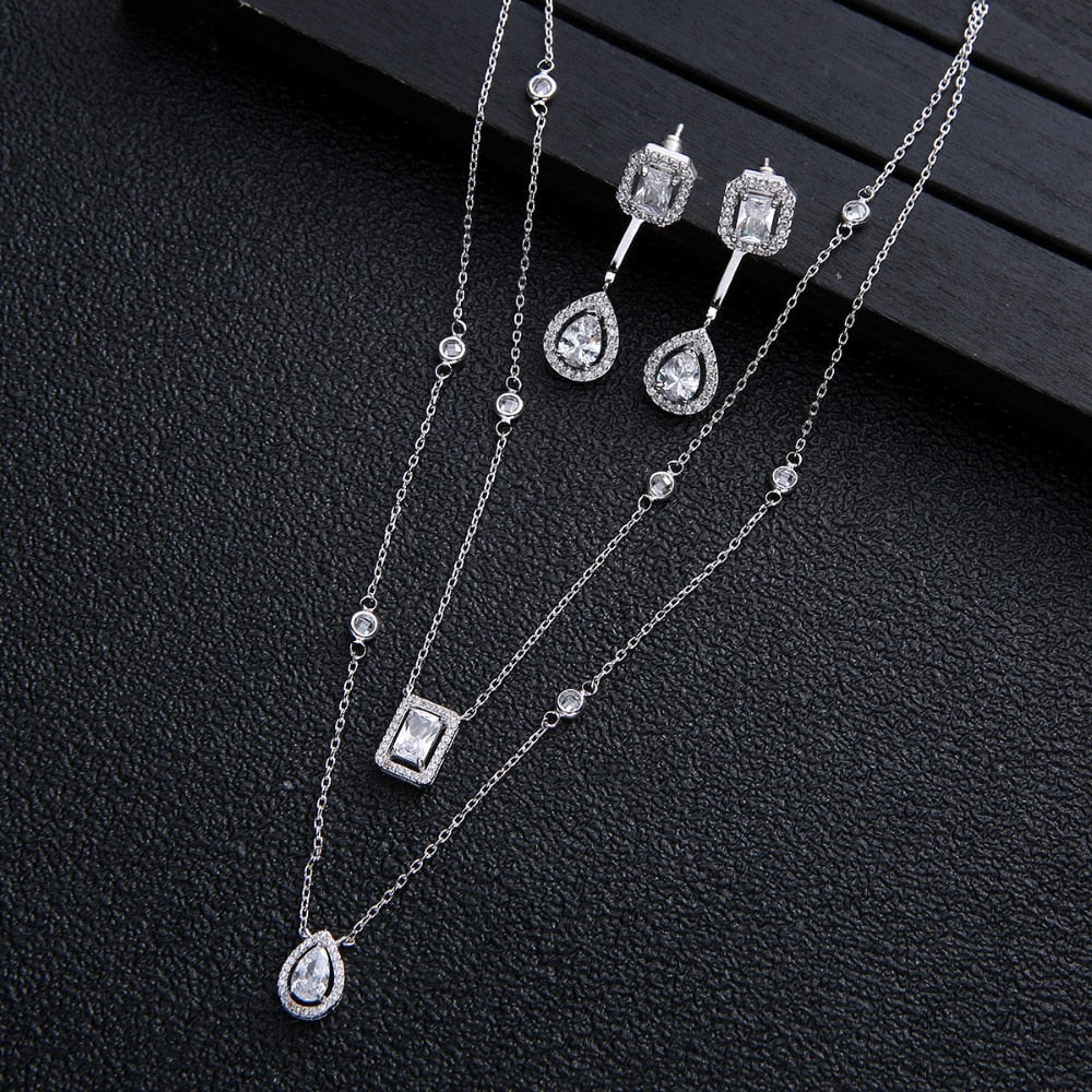 2pcs Necklace Earrings  Full Cubic Zirconia Bridal Jewelry Sets