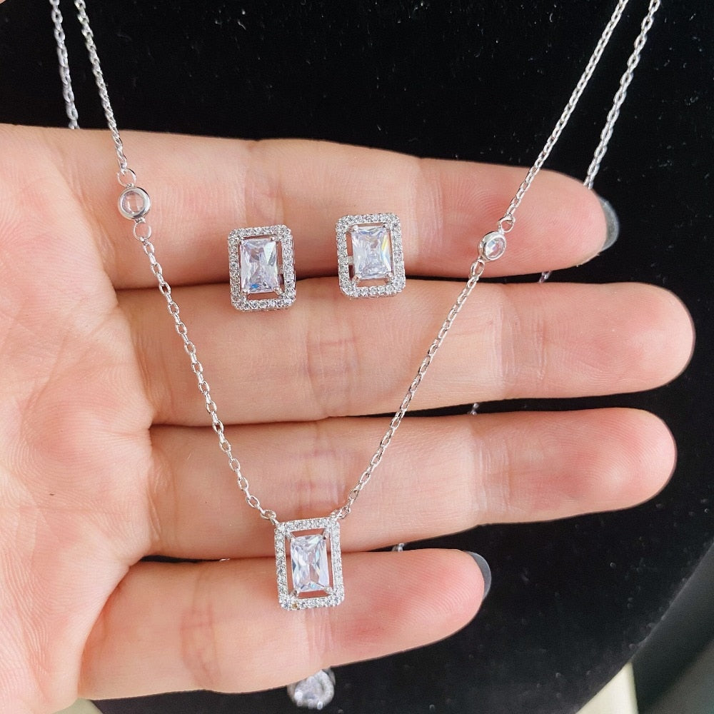2pcs Necklace Earrings  Full Cubic Zirconia Bridal Jewelry Sets