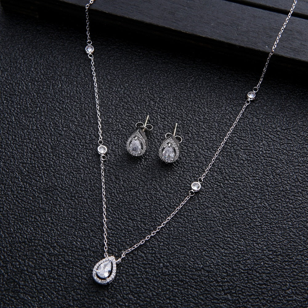 2pcs Necklace Earrings  Full Cubic Zirconia Bridal Jewelry Sets