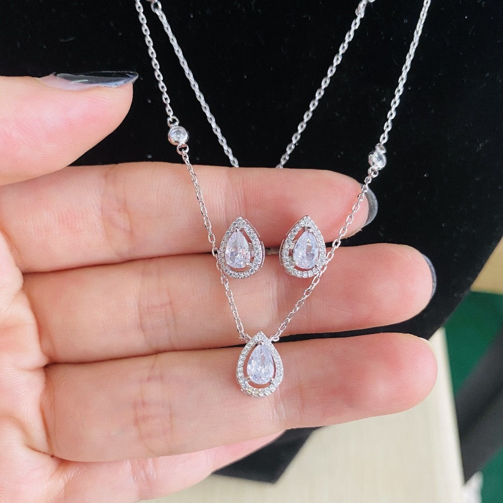 2pcs Necklace Earrings  Full Cubic Zirconia Bridal Jewelry Sets